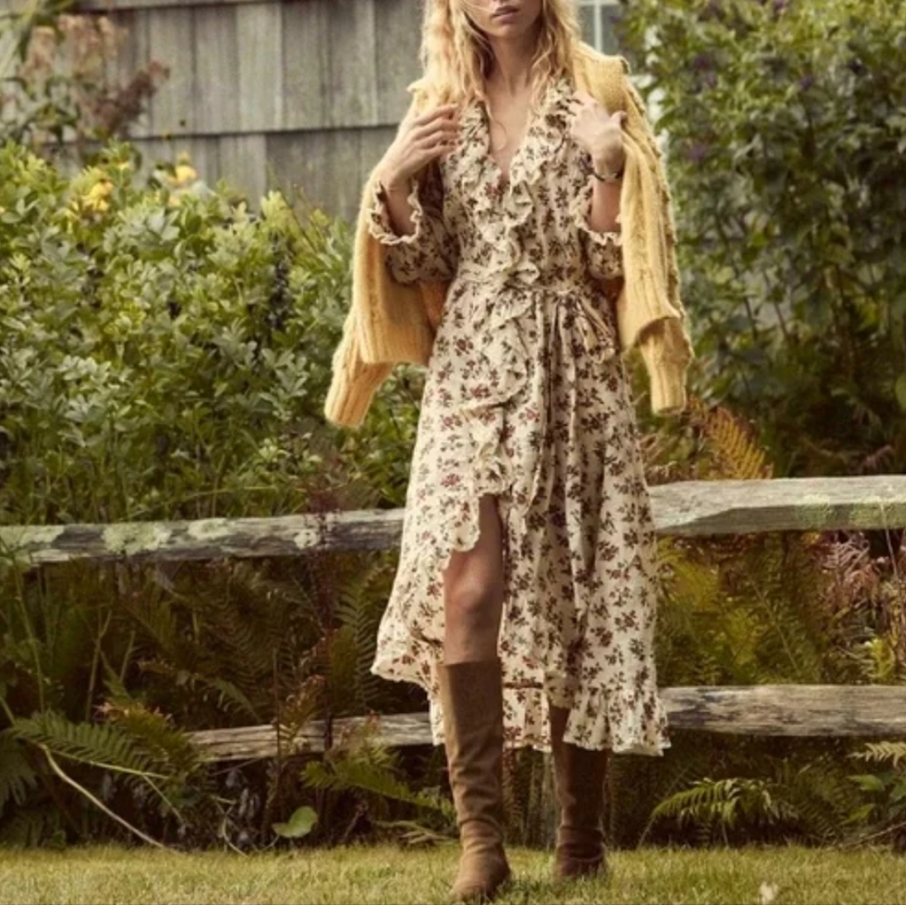 Doen Floral Long Sleeve Dress - Cream and Brown